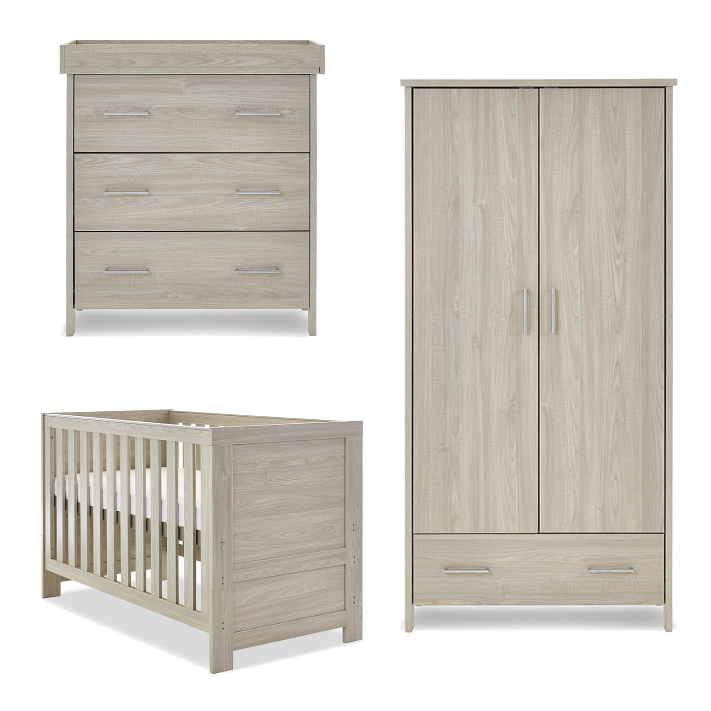 Obaby Nika 3 Piece Room Set with Cot Bed, Dresser Changer and Wardrobe