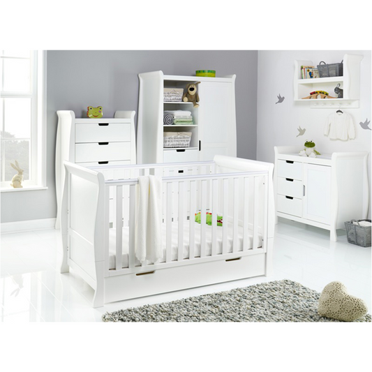 Obaby Stamford Classic 4 Piece Room Set with Cot Bed, Dresser, Tall Chest & Wardrobe