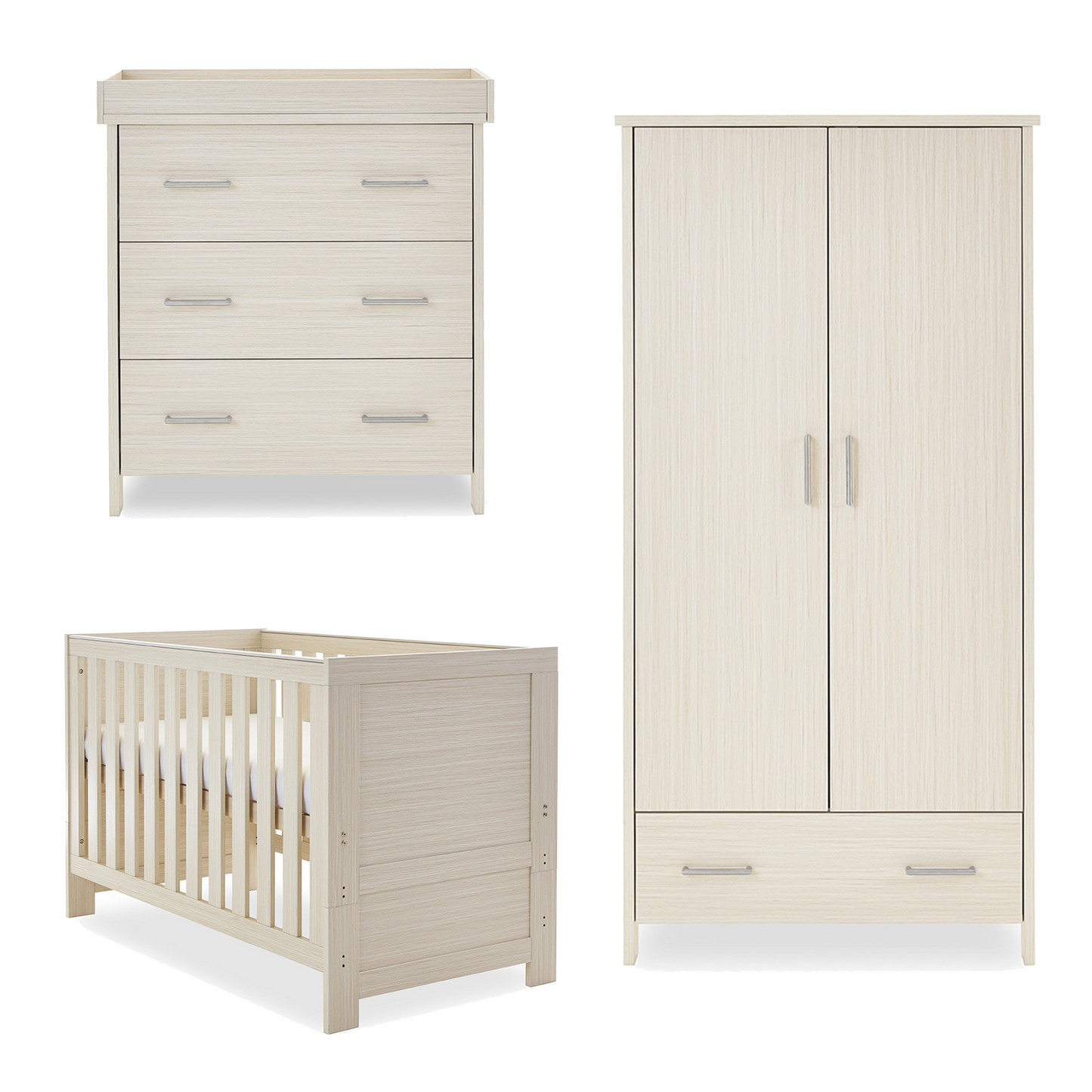 Obaby Nika 3 Piece Room Set with Cot Bed, Dresser Changer and Wardrobe