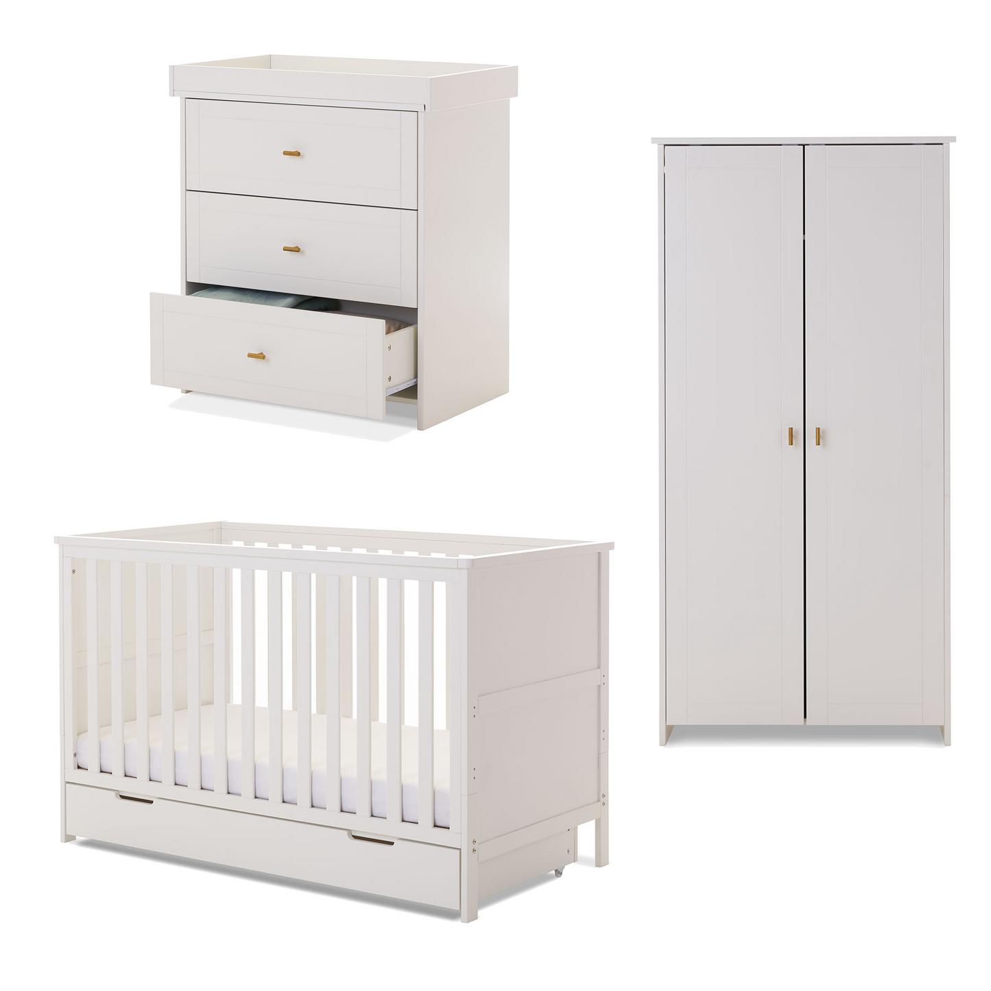 Obaby Evie Mini 3 Piece Room Set with Cot Bed, Dresser & Wardobe