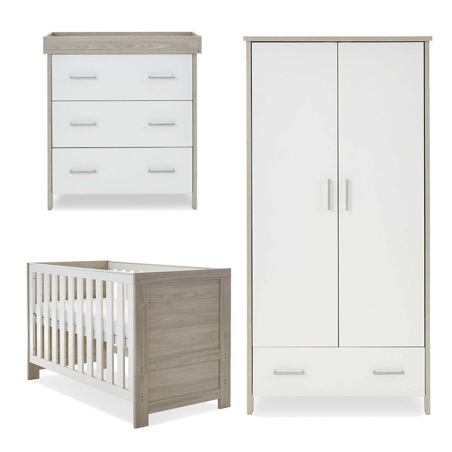 Obaby Nika 3 Piece Room Set with Cot Bed, Dresser Changer and Wardrobe