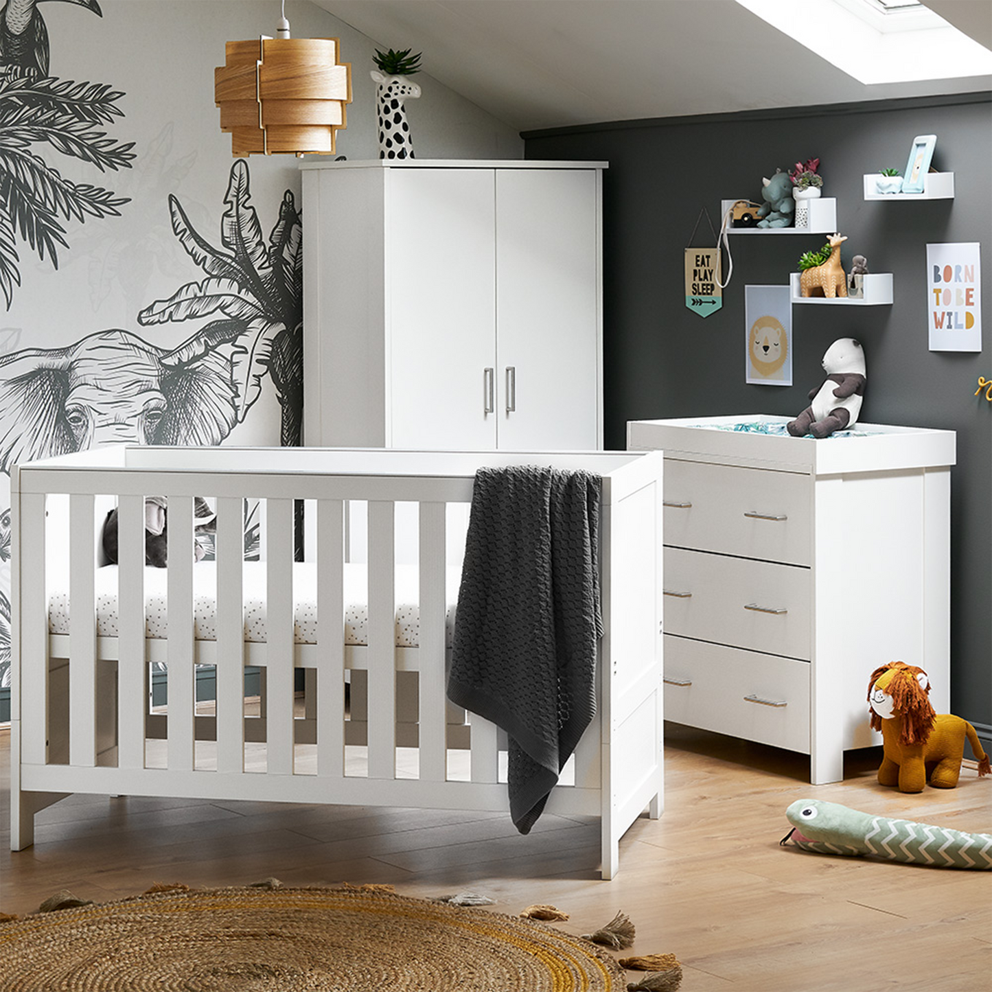 Obaby Nika 3 Piece Room Set with Cot Bed, Dresser Changer and Wardrobe