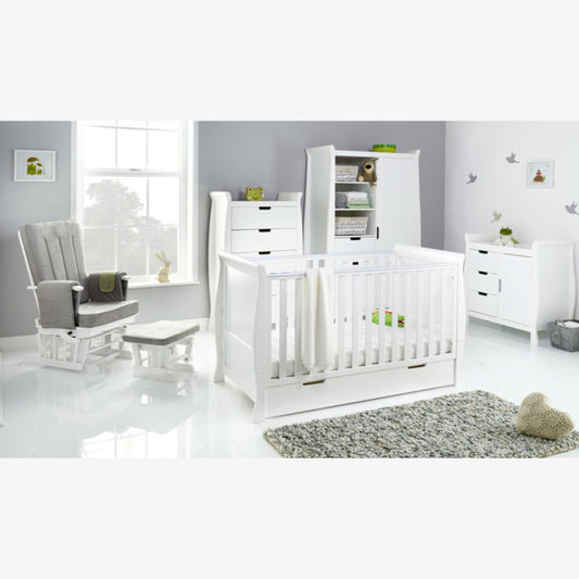 Obaby Stamford Classic 5 Piece Room Set with Cot Bed, Dresser, Tall Chest, Wardrobe & Glider Chair