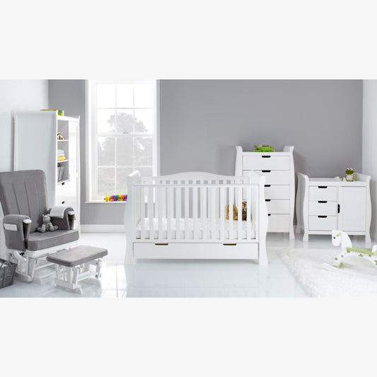 Obaby Stamford Luxe 5 Piece Room Set with Cot Bed, Dresser, Tall Chest, Wardrobe, Glider Chair