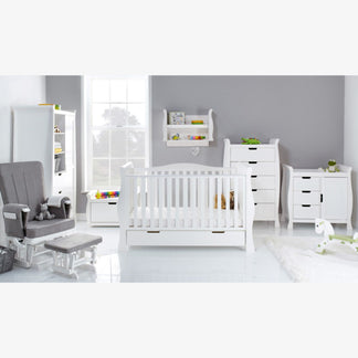 Obaby Stamford Luxe 7 Piece Room Set with Cot Bed, Dresser, Tall Chest, Toy Box, Shelf, Wardrobe & Glider Chair