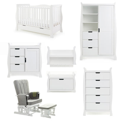 Obaby Stamford Luxe 7 Piece Room Set with Cot Bed, Dresser, Tall Chest, Toy Box, Shelf, Wardrobe & Glider Chair