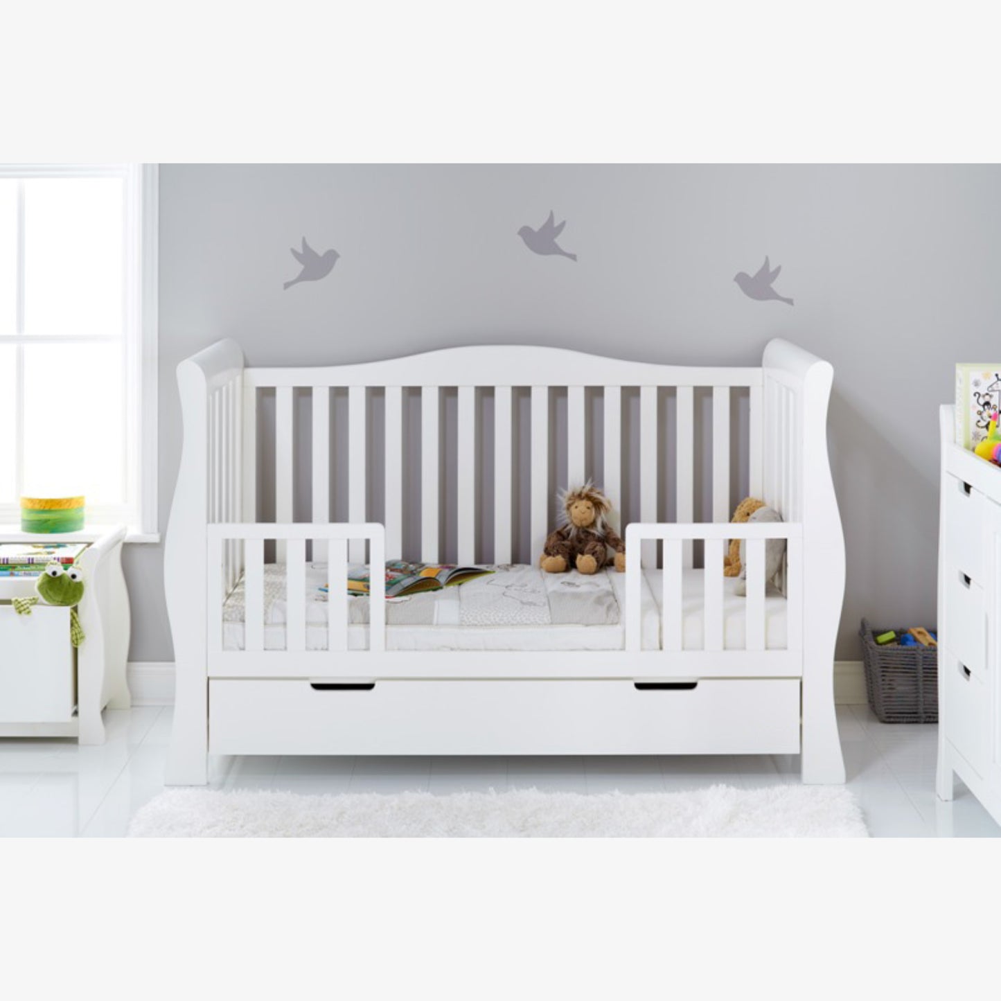 Obaby Stamford Luxe 7 Piece Room Set with Cot Bed, Dresser, Tall Chest, Toy Box, Shelf, Wardrobe & Glider Chair