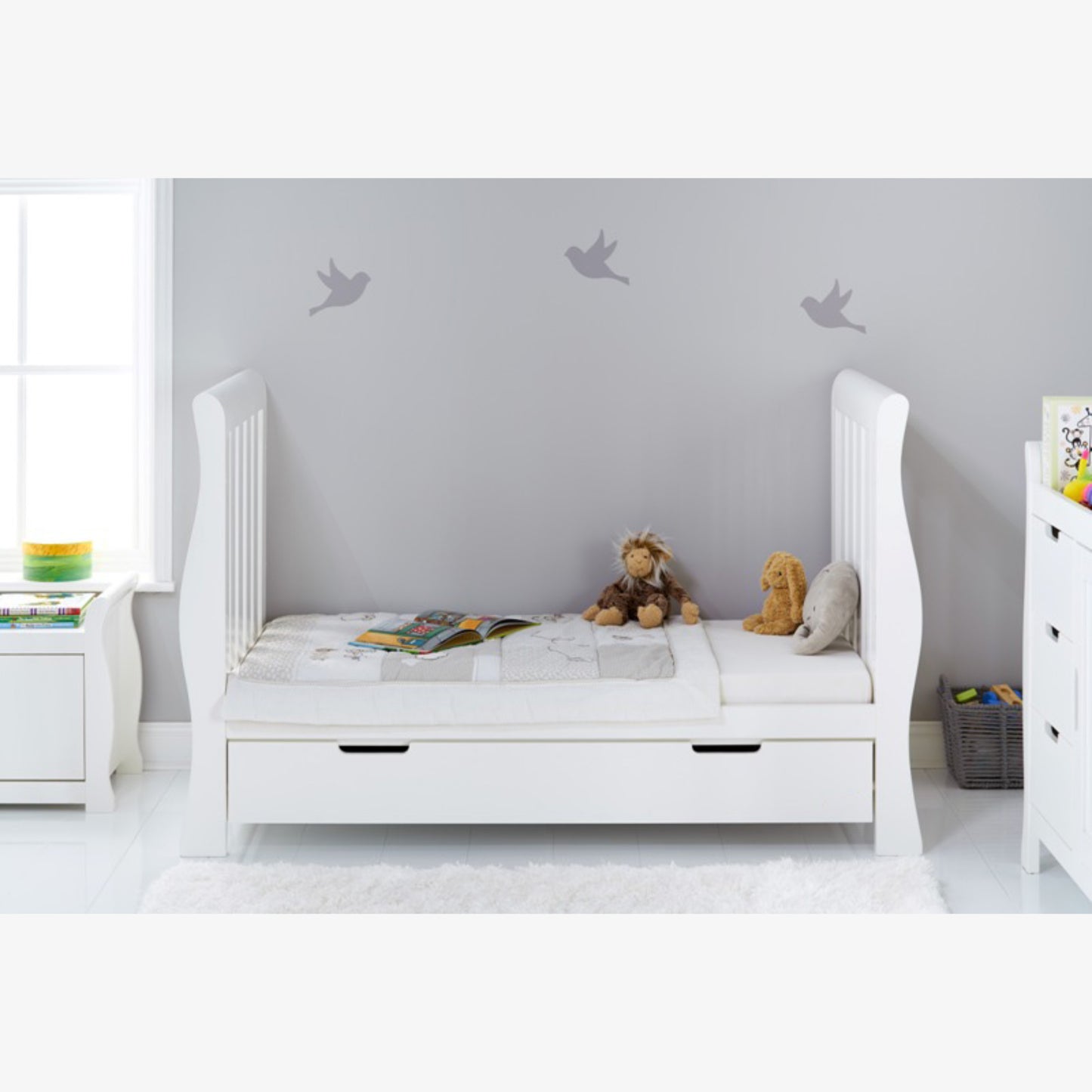 Obaby Stamford Luxe 7 Piece Room Set with Cot Bed, Dresser, Tall Chest, Toy Box, Shelf, Wardrobe & Glider Chair