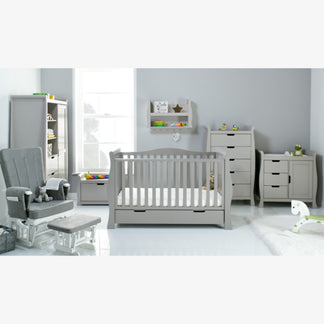 Obaby Stamford Luxe 7 Piece Room Set with Cot Bed, Dresser, Tall Chest, Toy Box, Shelf, Wardrobe & Glider Chair