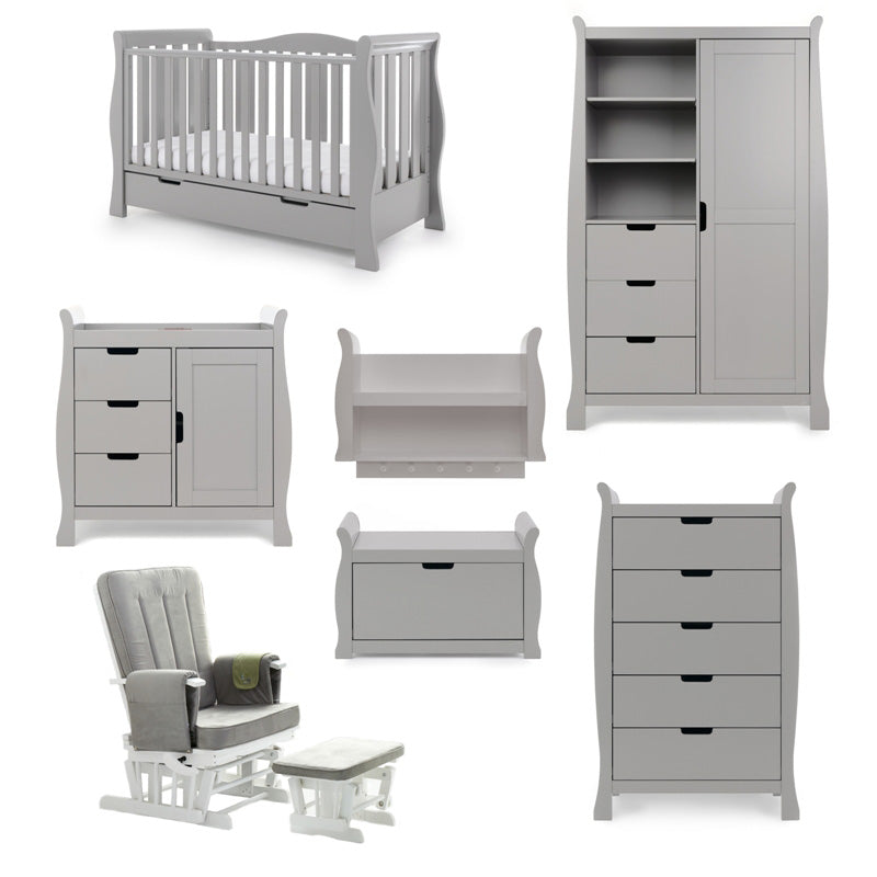 Obaby Stamford Luxe 7 Piece Room Set with Cot Bed, Dresser, Tall Chest, Toy Box, Shelf, Wardrobe & Glider Chair