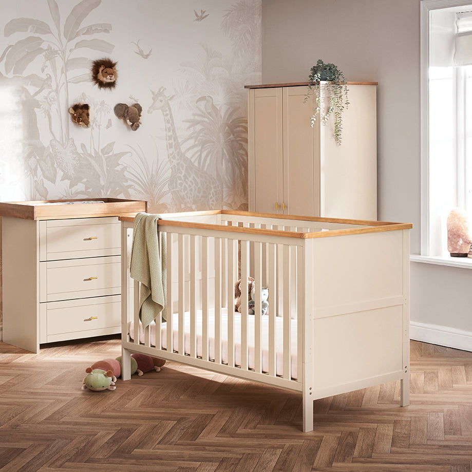 Obaby Evie Mini 3 Piece Room Set with Cot Bed, Dresser & Wardobe